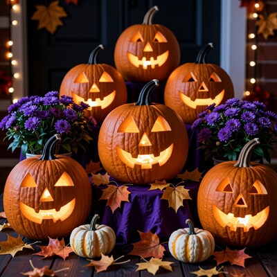 Halloween Jack-o'-Lanterns with Purple Flowers
