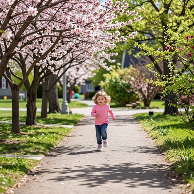 Toddler girl running under cherry blossoms