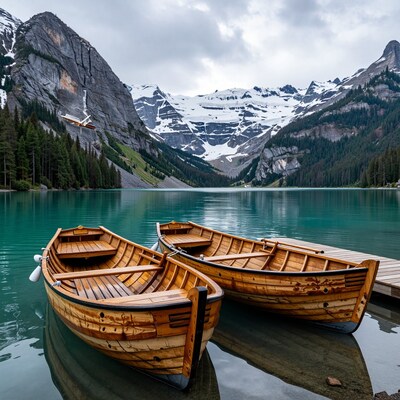 Wooden boats on mountain lake