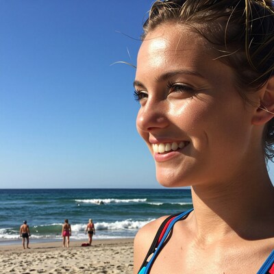 Smiling woman at sunny beach