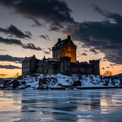 Snowy Castle at Sunset
