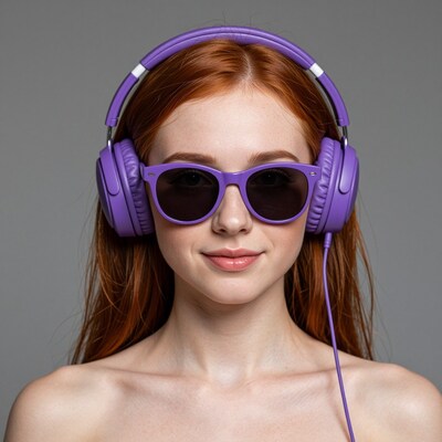 Redhead woman in purple headphones and sunglasses