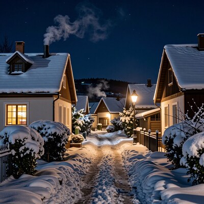Snowy Village at Night