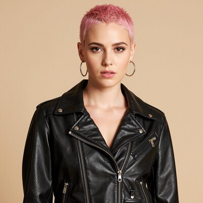 Woman with pink pixie haircut in leather jacket