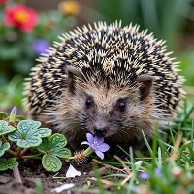 Hedgehog sniffing purple flower