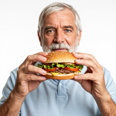 Elderly man holding cheeseburger
