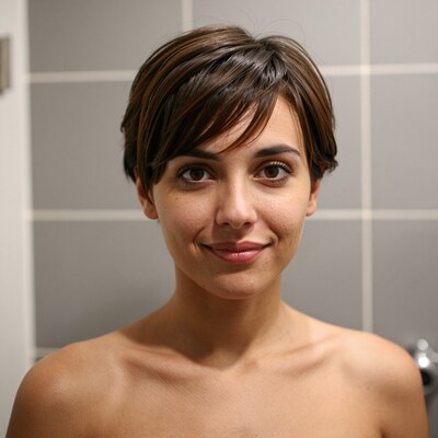 Smiling woman with short brown hair