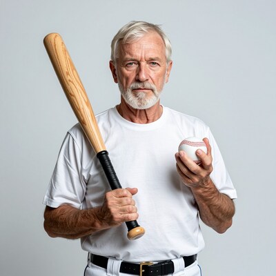 Elderly man with baseball bat and ball