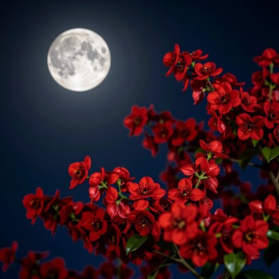 Red Flowers Under Full Moon