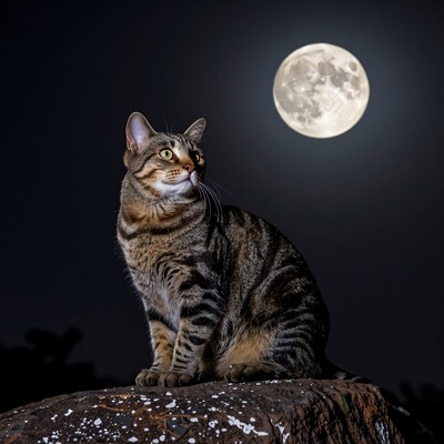 Tabby cat under full moon