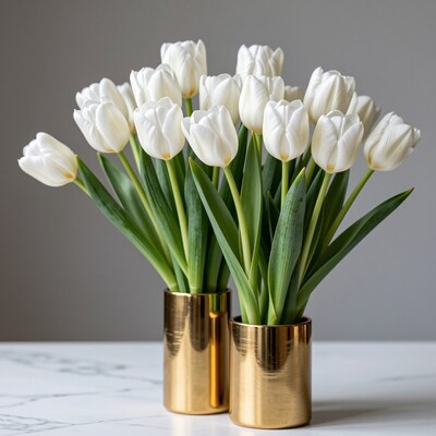 White Tulips in Gold Vases