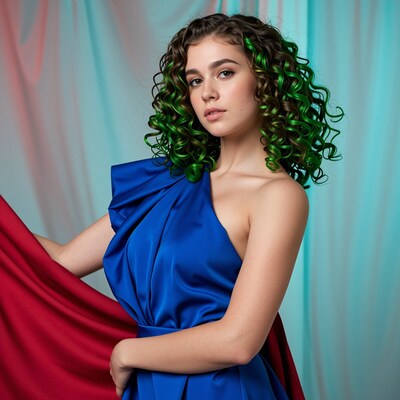 Woman with green curly hair