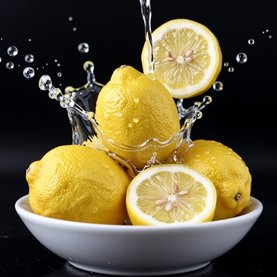 Fresh Lemons in White Bowl with Water Splash