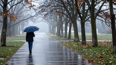 Person walking in rainy autumn park