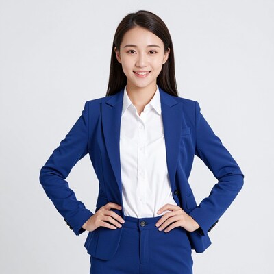 Smiling Asian businesswoman in blue suit