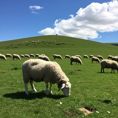 Flock of Sheep Grazing on Green Hill