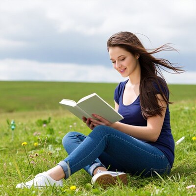 Young woman reading book in meadow
