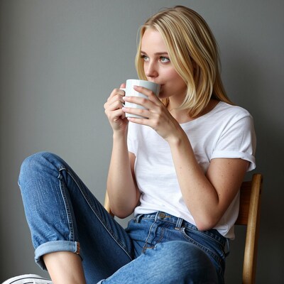 Blonde woman drinking coffee