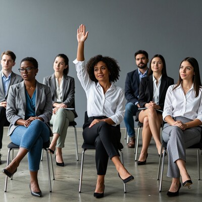 Woman raising hand in business meeting