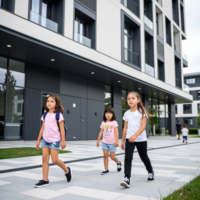 Three girls walking to school