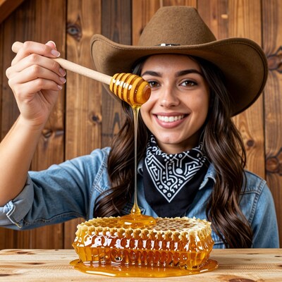 Woman in cowboy hat pouring honey on honeycomb