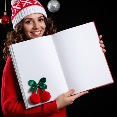 Woman holding blank Christmas book