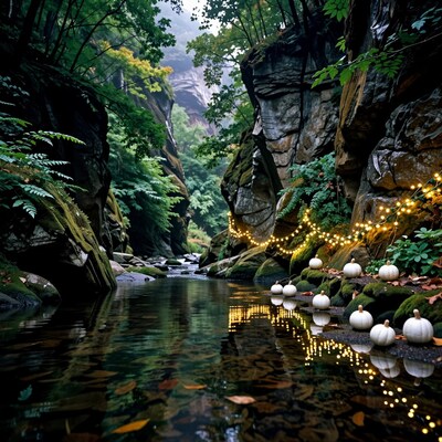 Autumn Canyon River with Pumpkins