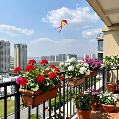 Balcony with flowers and kite