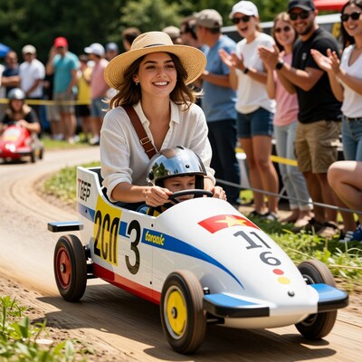 Woman and boy in soapbox derby car