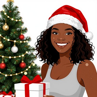 Smiling Woman in Santa Hat with Christmas Gift