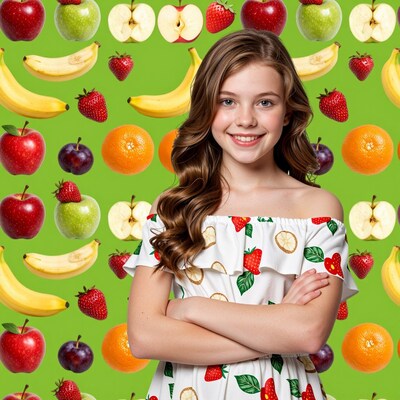 Smiling girl with fruits pattern