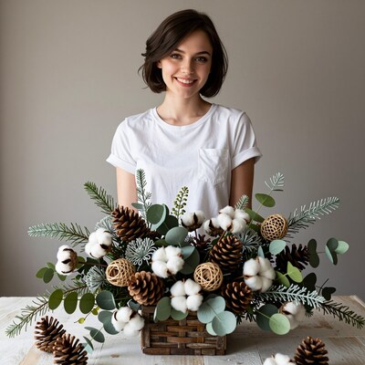 Woman with Christmas floral arrangement