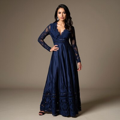 Woman in Navy Blue Lace Gown