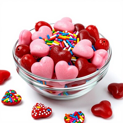 Heart-shaped Valentine's candies in glass bowl