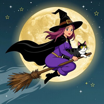 Witch Flying with Cat
