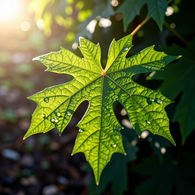 Green Maple Leaf with Dew Drops