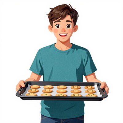 Boy holding tray of cookies