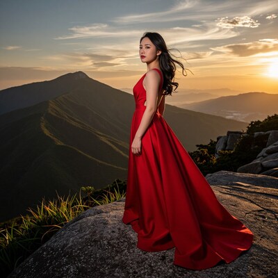 Woman in red dress on mountain at sunset