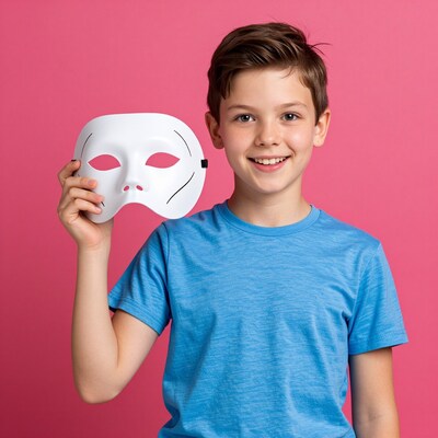 Boy holding white mask