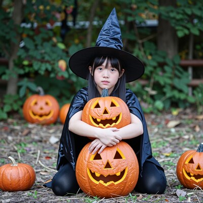 Young Asian girl in witch costume with Halloween pumpkins