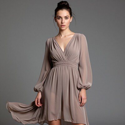 Woman in taupe chiffon dress