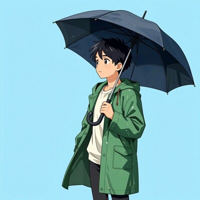 Anime boy in raincoat with umbrella