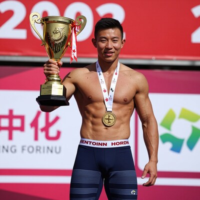 Asian male bodybuilder with trophy