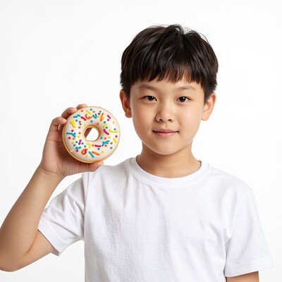 Asian boy holding donut