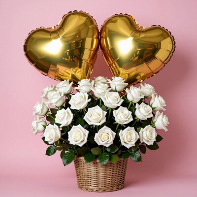 White Roses Gold Heart Balloons