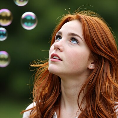 Redhead woman blowing bubbles