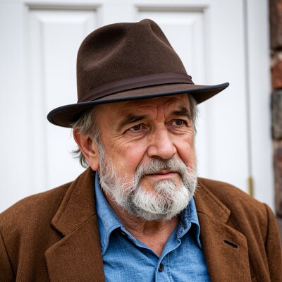 Elderly man with white beard in brown hat