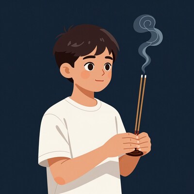 Boy holding incense sticks