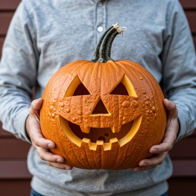 Man holding carved Halloween pumpkin