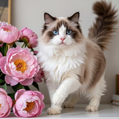 Ragdoll cat with pink peonies